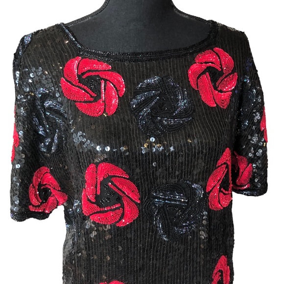 VTG Silk Sequin Beaded Floral Evening Top Megan Barrett Sz S - Picture 2 of 11